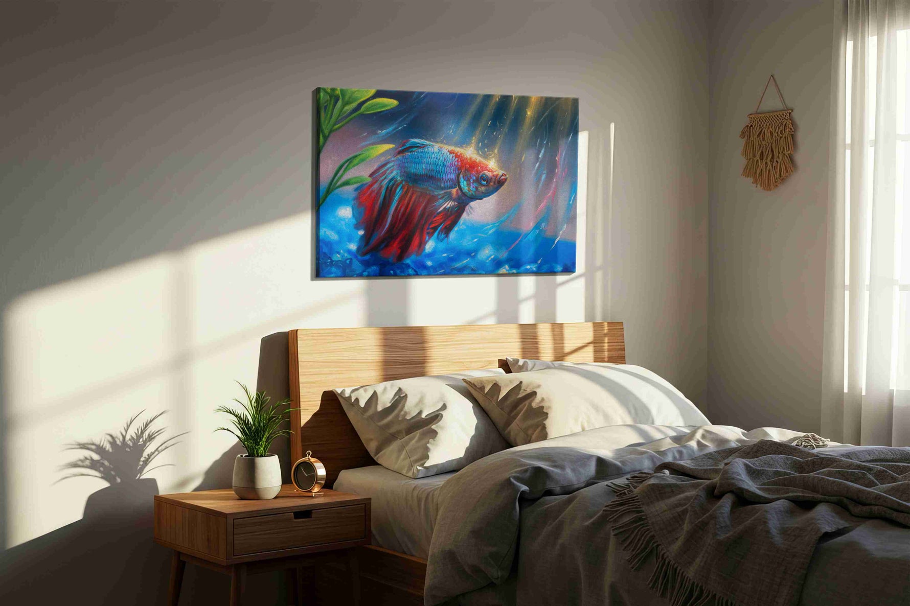 Radiant Underwater Symphony sealife canvas print, displayed in a bedroom