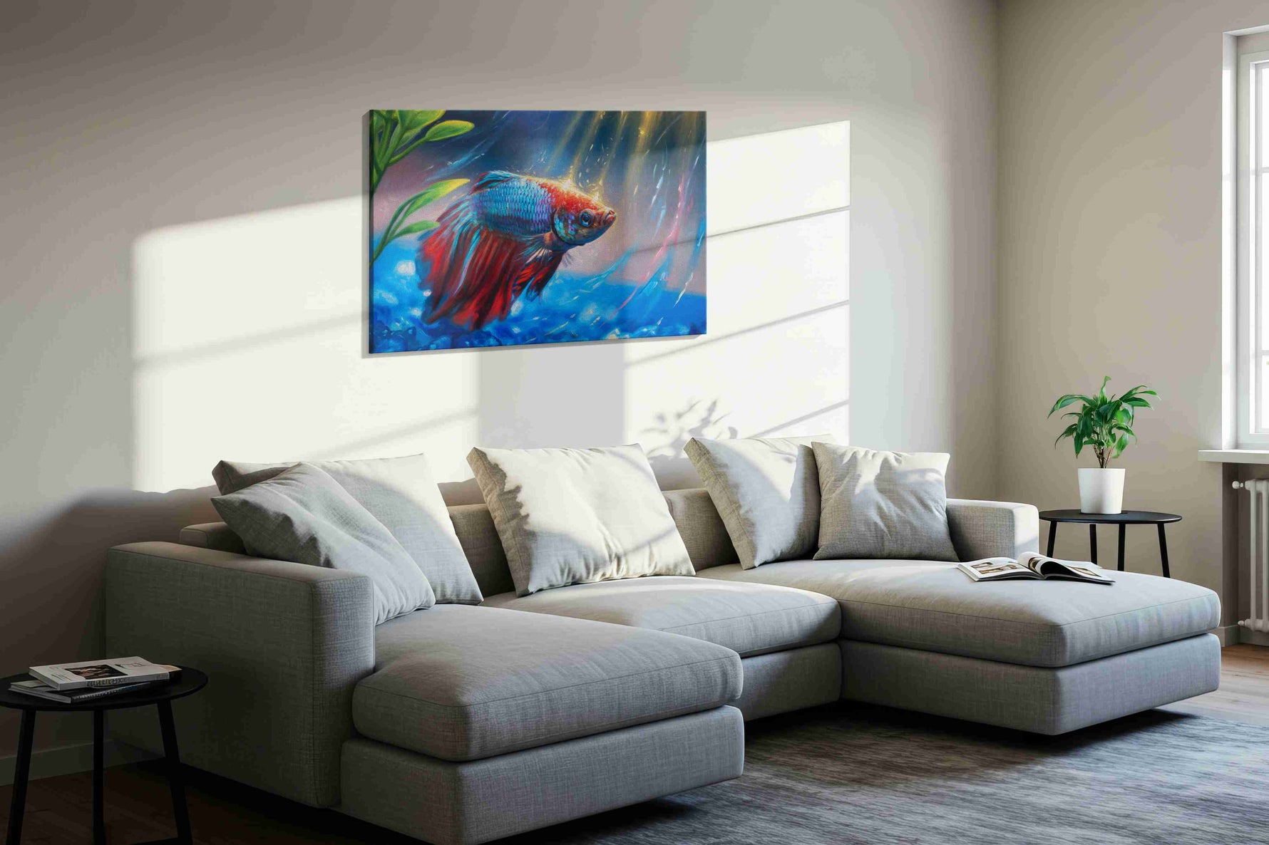 Radiant Underwater Symphony sealife canvas print, displayed in a living room