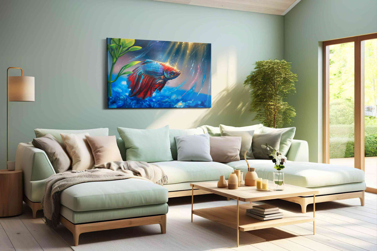 Radiant Underwater Symphony sealife canvas print shown in a wall scene
