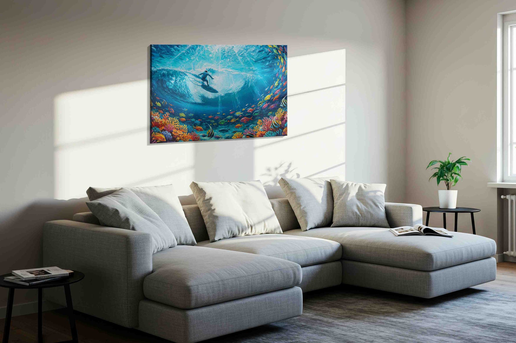 Riding the Ocean's Dream sealife canvas print, displayed in a living room