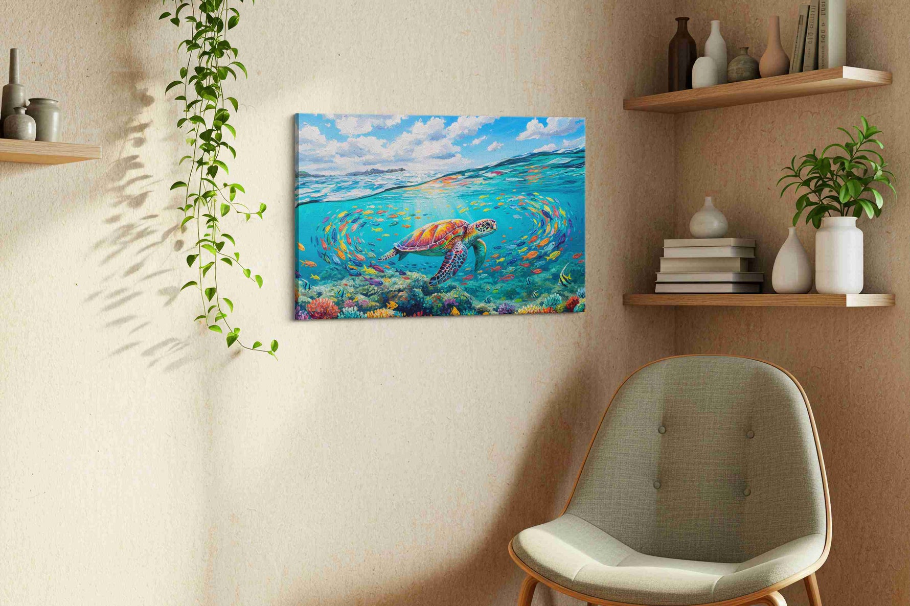 Serenade of the Coral Seas sealife canvas print, displayed in a living room