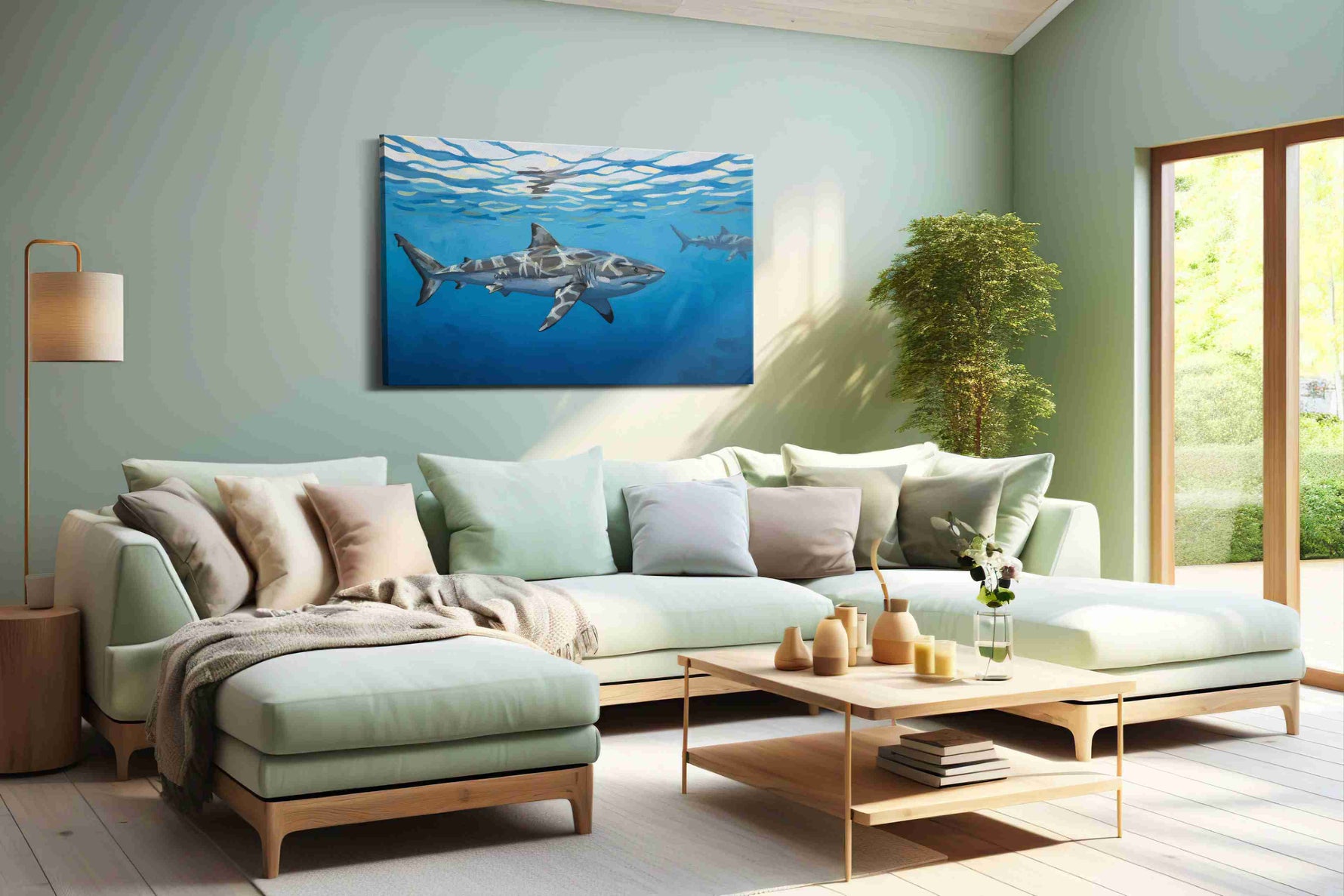 Serenade of the Ocean Predators sealife canvas print shown in a wall scene