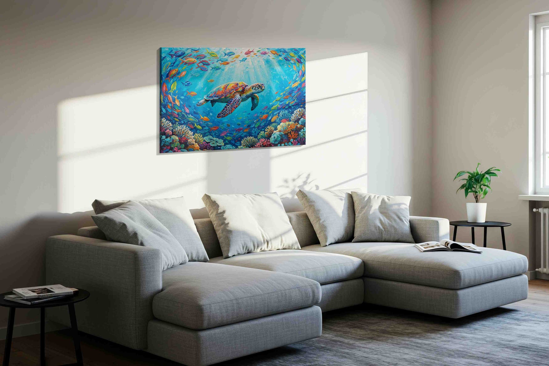 Serenade of the Sea Turtle sealife canvas print, displayed in a living room