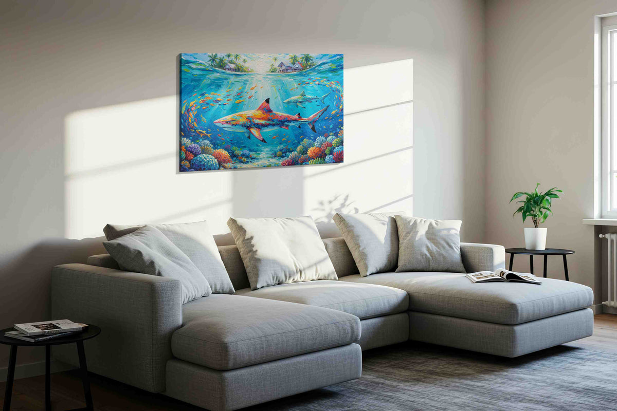 Sharks of the Coral Retreat sealife canvas print, displayed in a living room