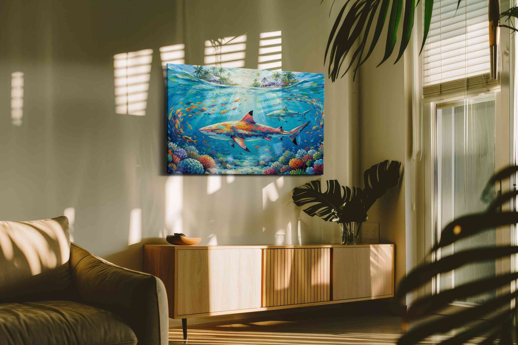 Sharks of the Coral Retreat sealife canvas print in a hung canvas mockup
