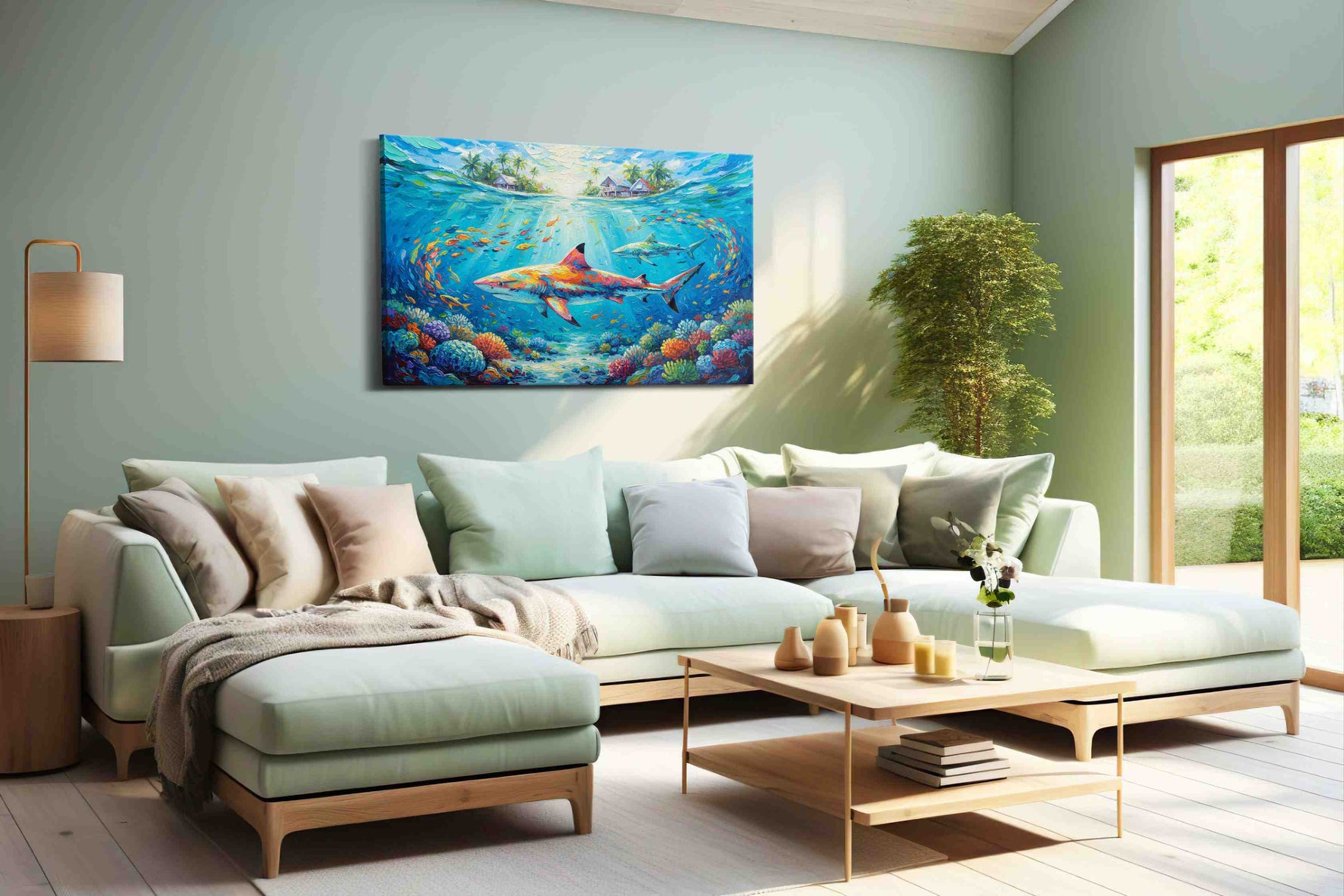 Sharks of the Coral Retreat sealife canvas print shown in a wall scene