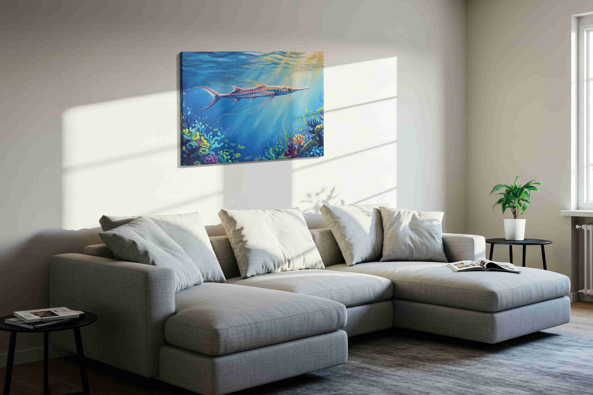 Siren of the Deep Blue sealife canvas print in a living room scene