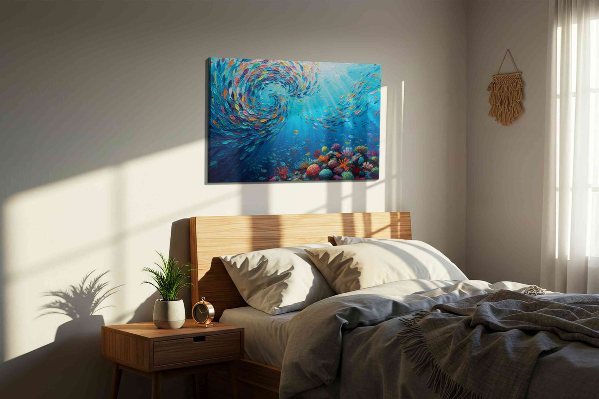 Spiral Symphony of the Sea sealife canvas print, displayed in a bedroom
