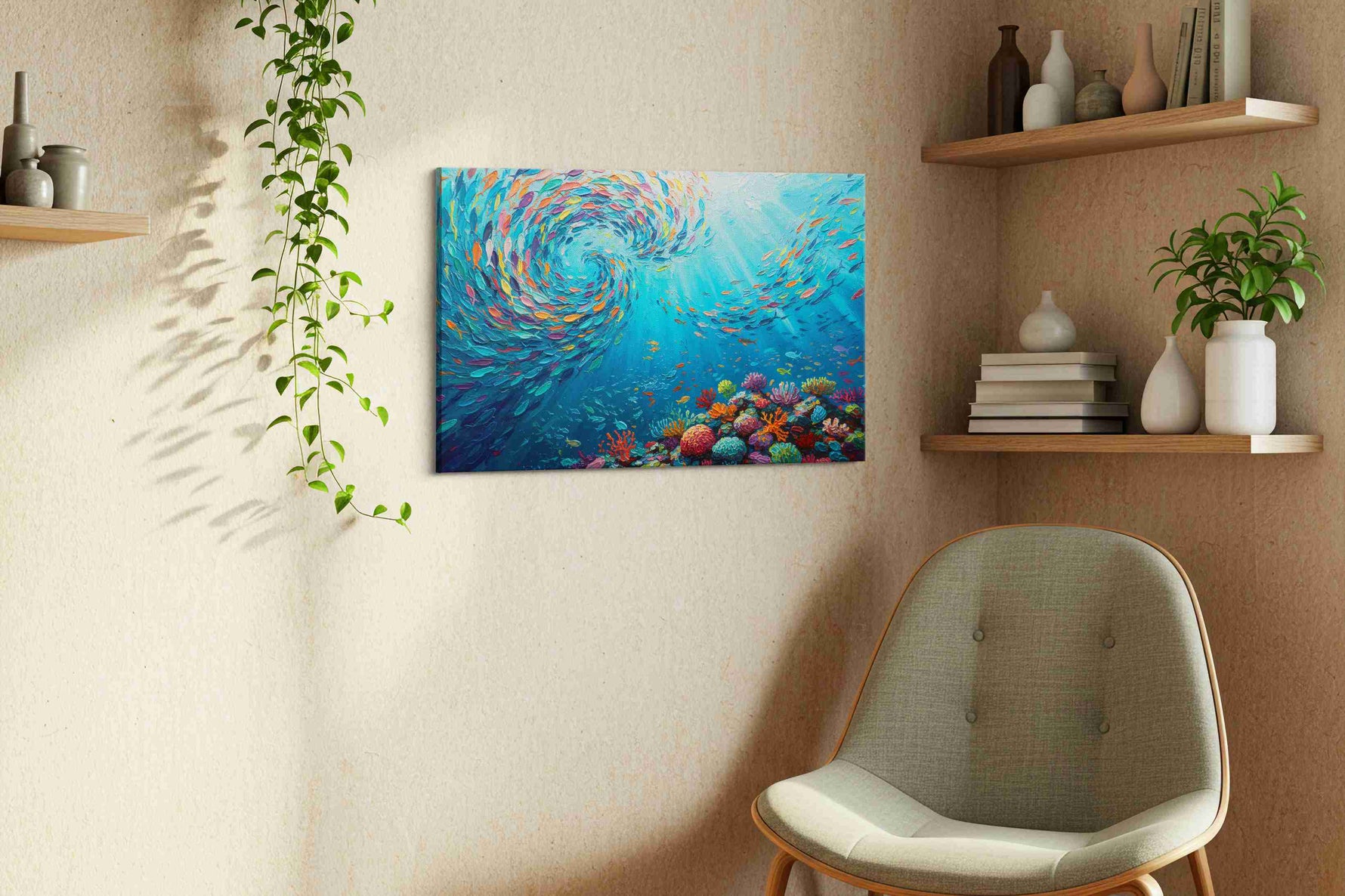Spiral Symphony of the Sea sealife canvas print styled in a living room