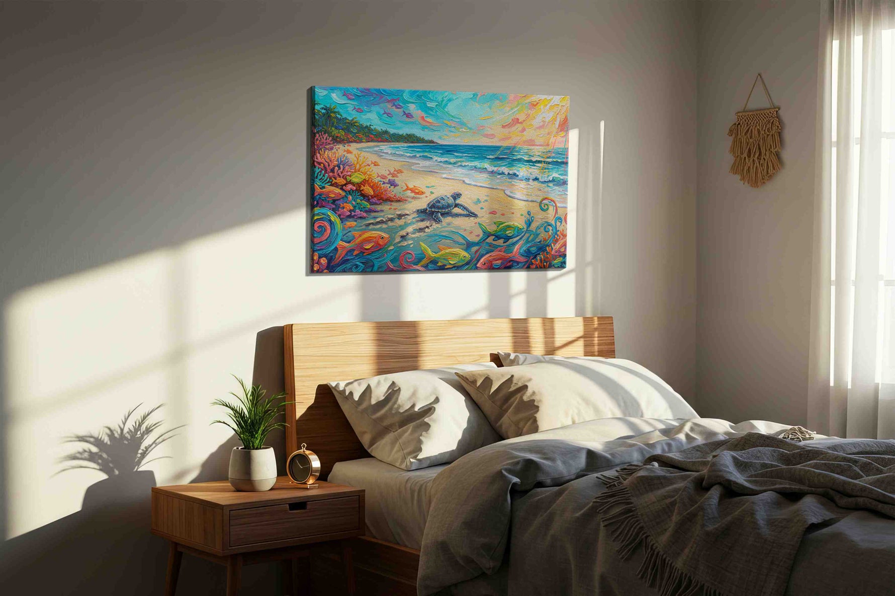 Tropical Dawn Serenade sealife canvas print, displayed in a bedroom