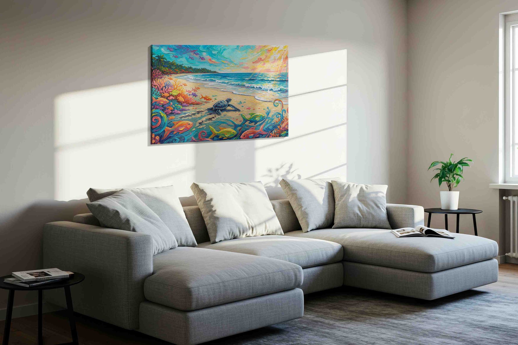 Tropical Dawn Serenade sealife canvas print, displayed in a living room