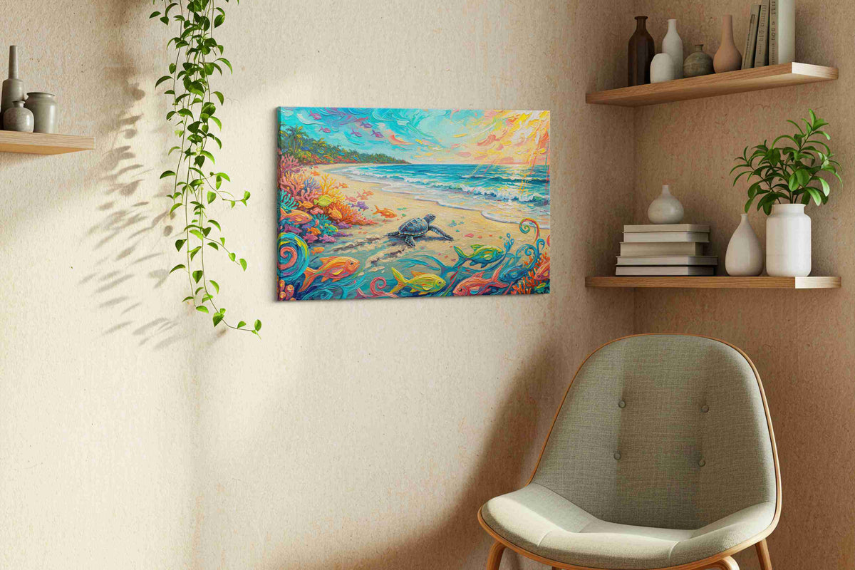 Tropical Dawn Serenade sealife canvas print styled in a living room
