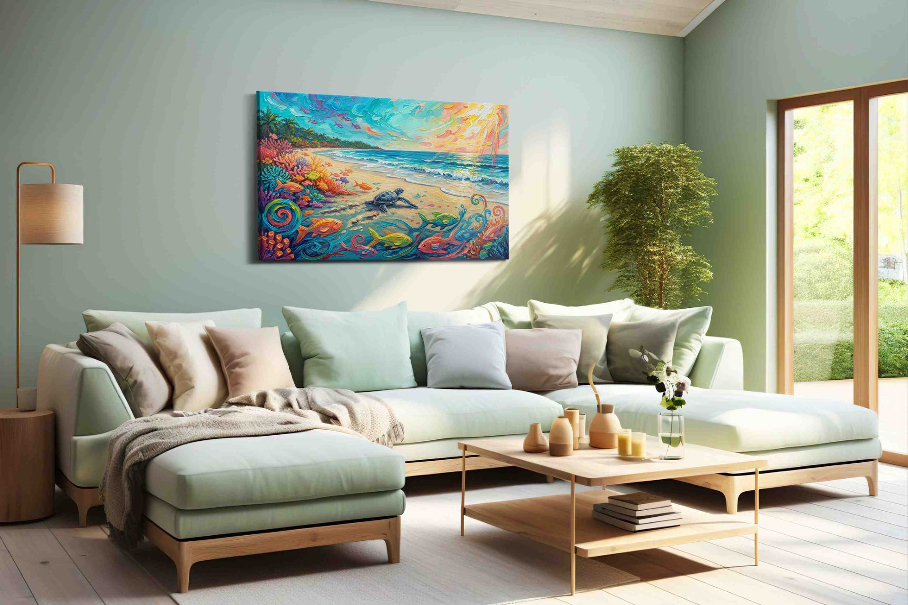 Tropical Dawn Serenade sealife canvas print, hanging on wall