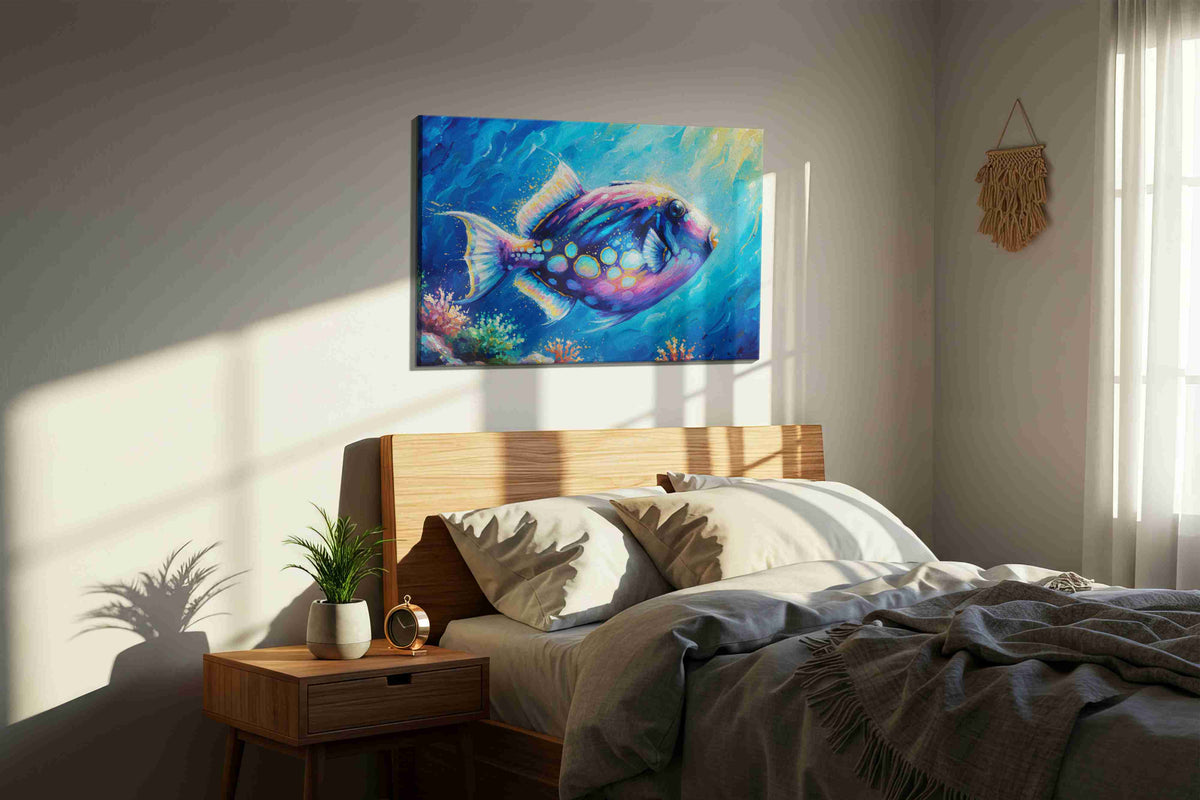 Underwater Color Symphony sealife canvas print, displayed in a bedroom