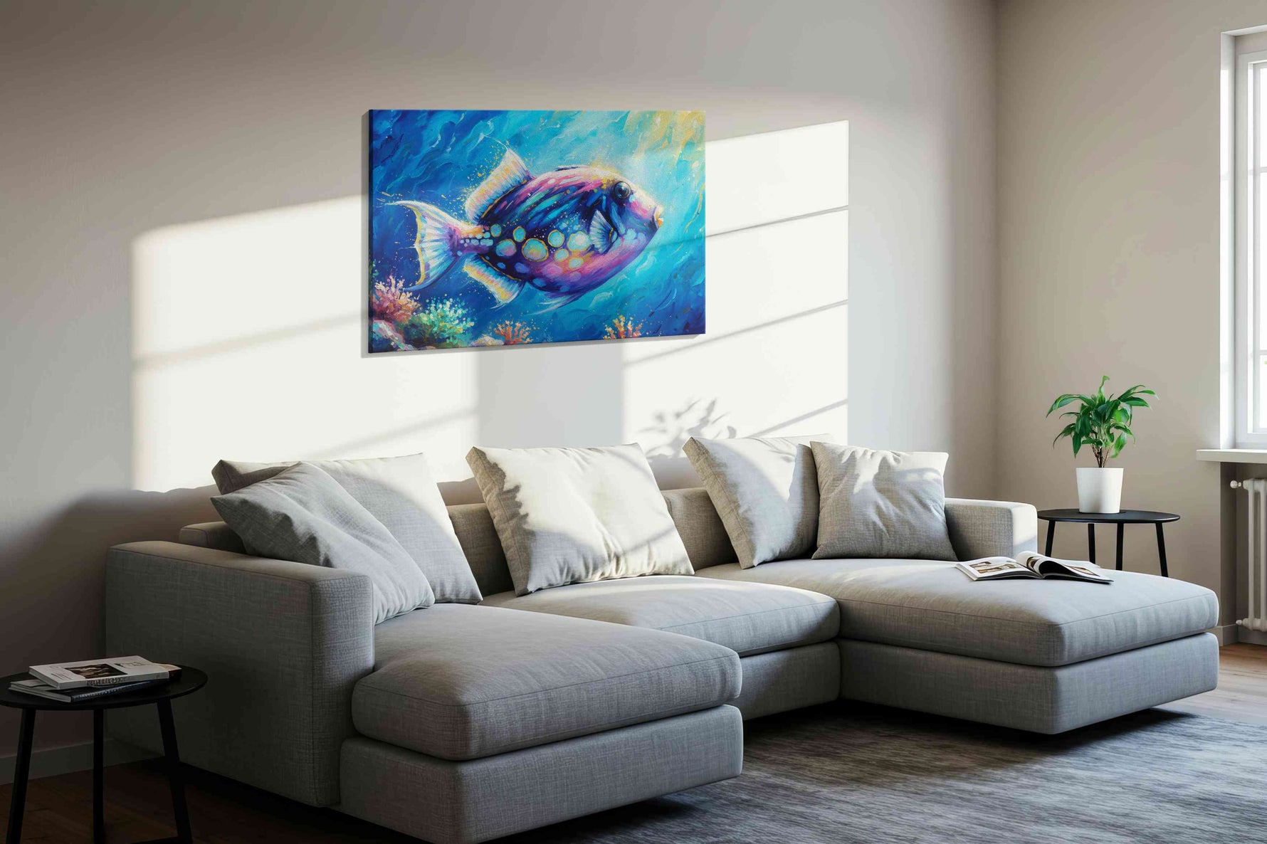 Underwater Color Symphony sealife canvas print, displayed in a living room