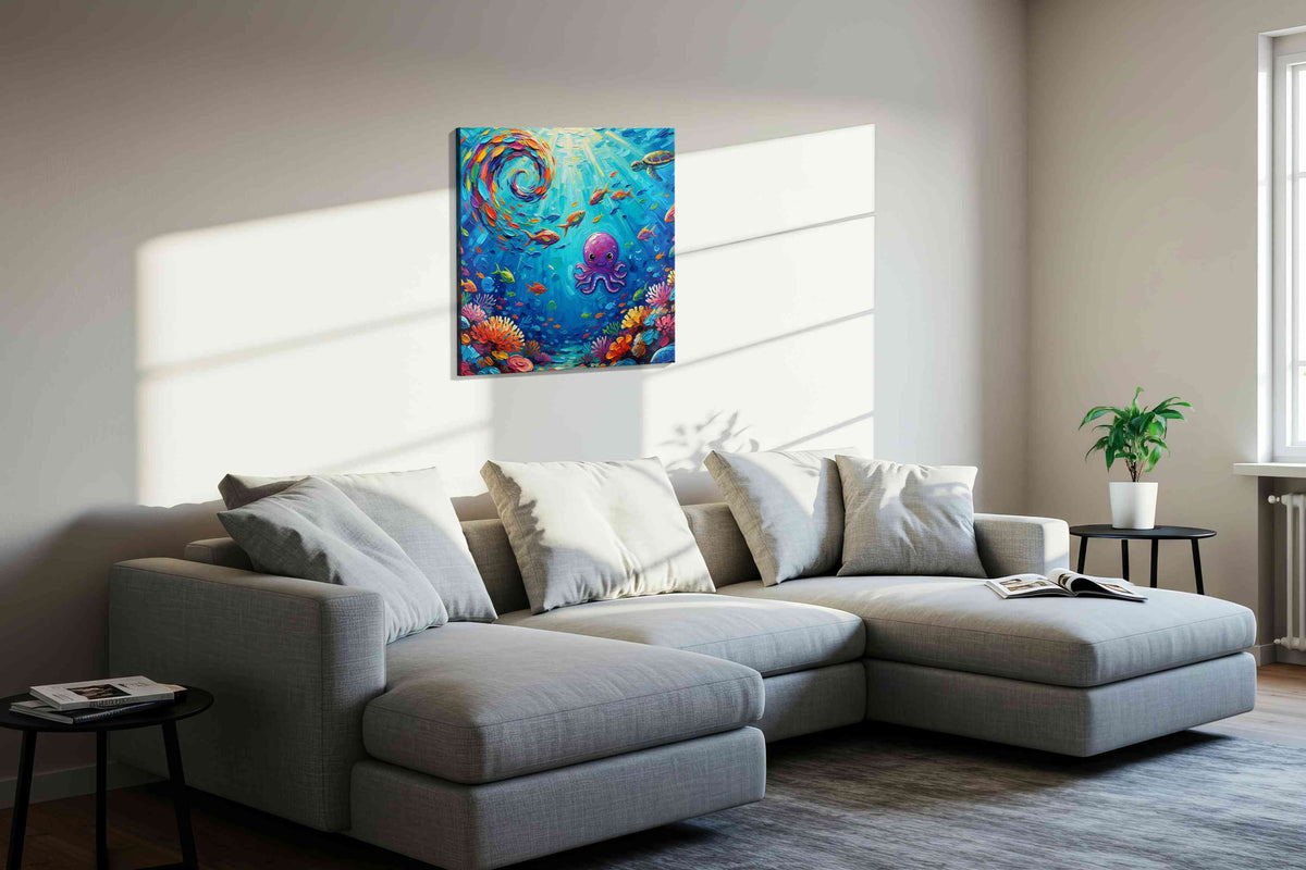 Underwater Harmony sealife canvas print in a living room scene