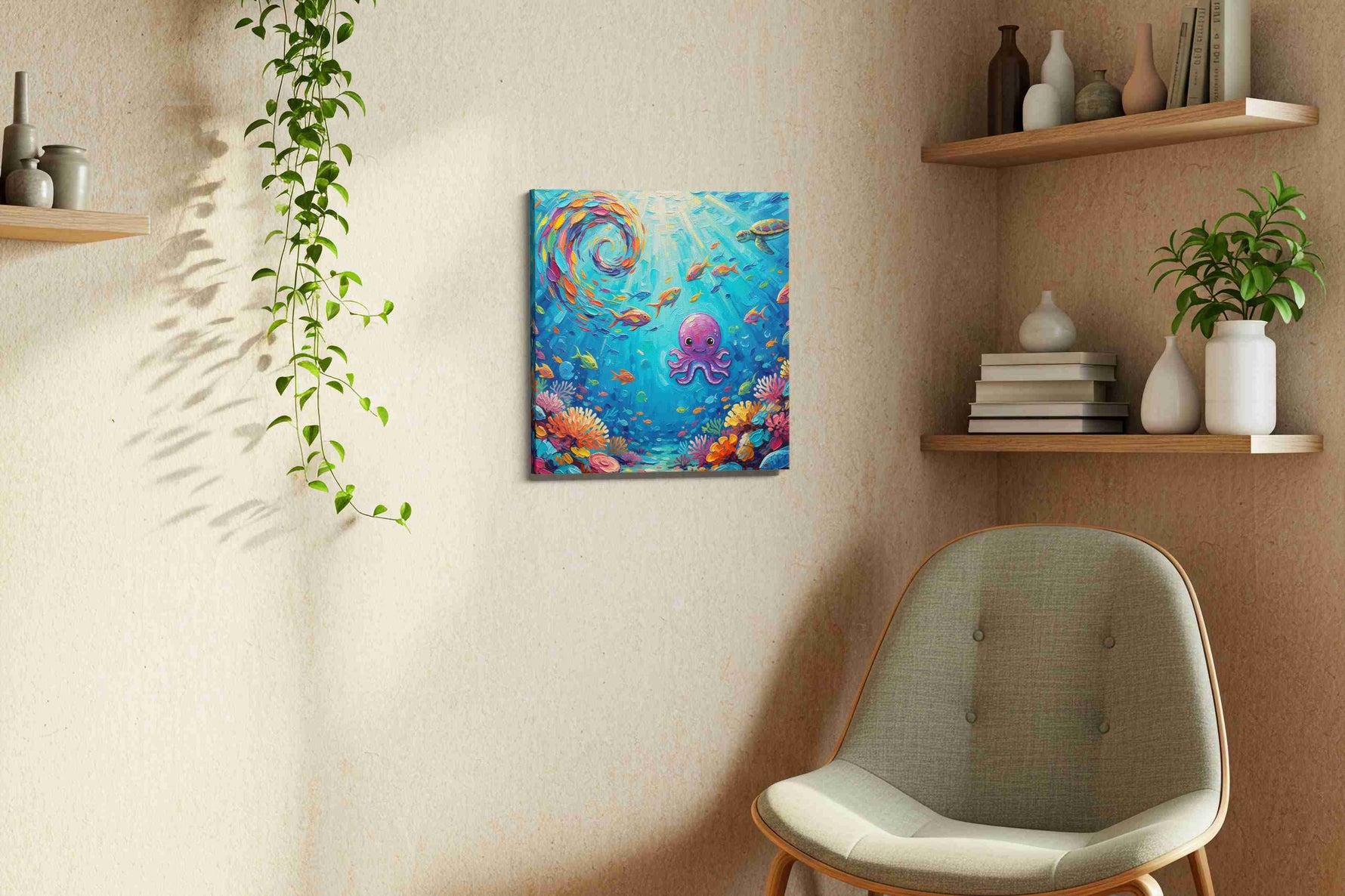 Underwater Harmony sealife canvas print, displayed in a living room
