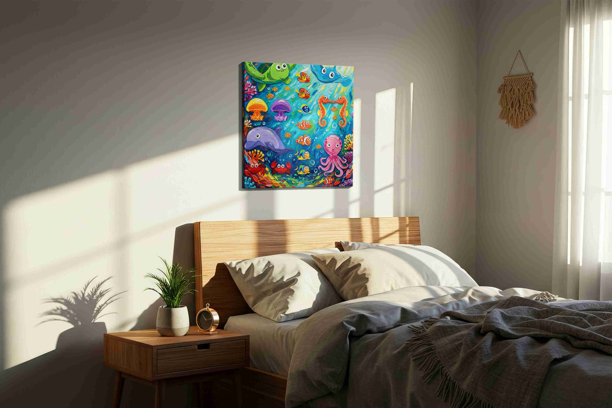 Underwater Symphony sealife canvas print, displayed in a bedroom