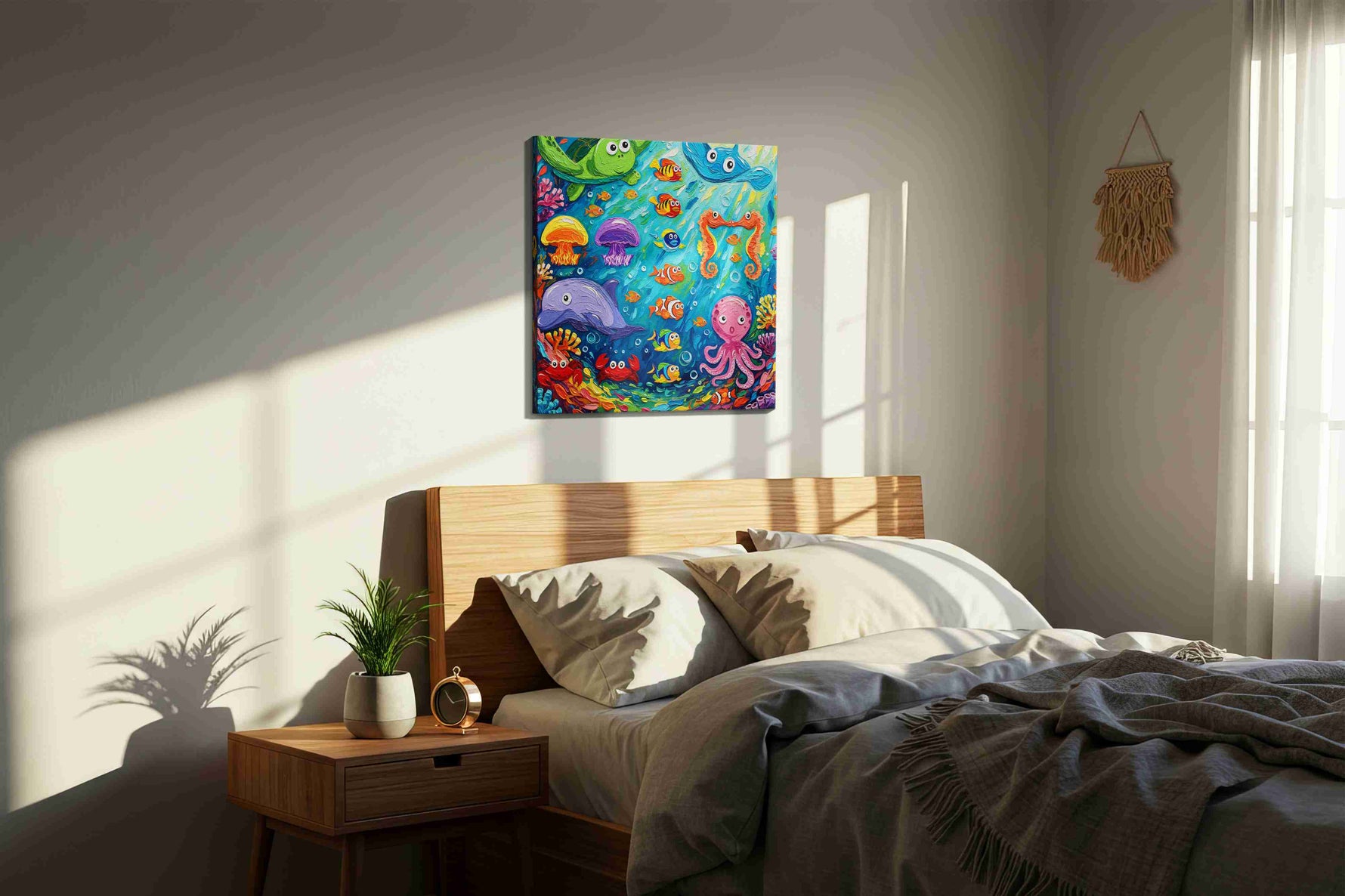 Underwater Symphony sealife canvas print, displayed in a bedroom