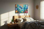 Underwater Whimsy sealife canvas print, displayed in a bedroom