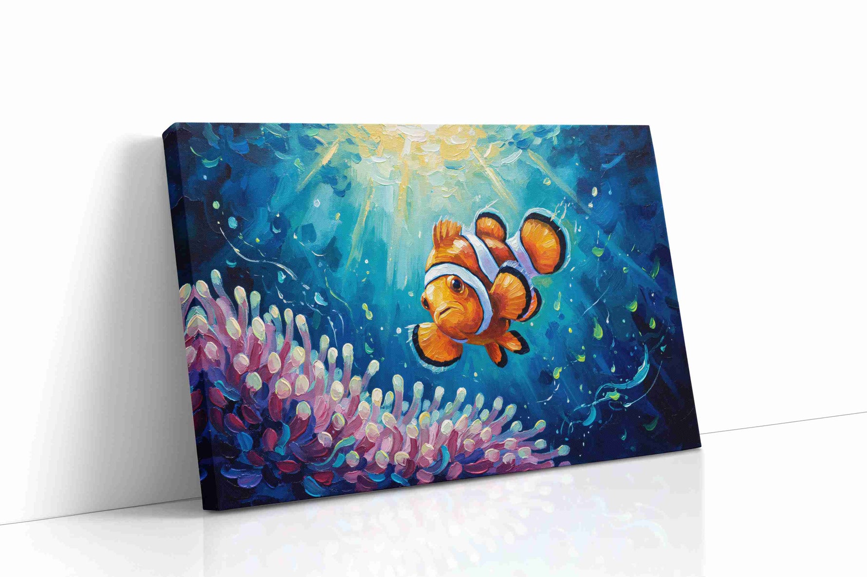 Underwater Whimsy Clownfish Journey sealife canvas print gallery-wrapped landscape canvas studio shot