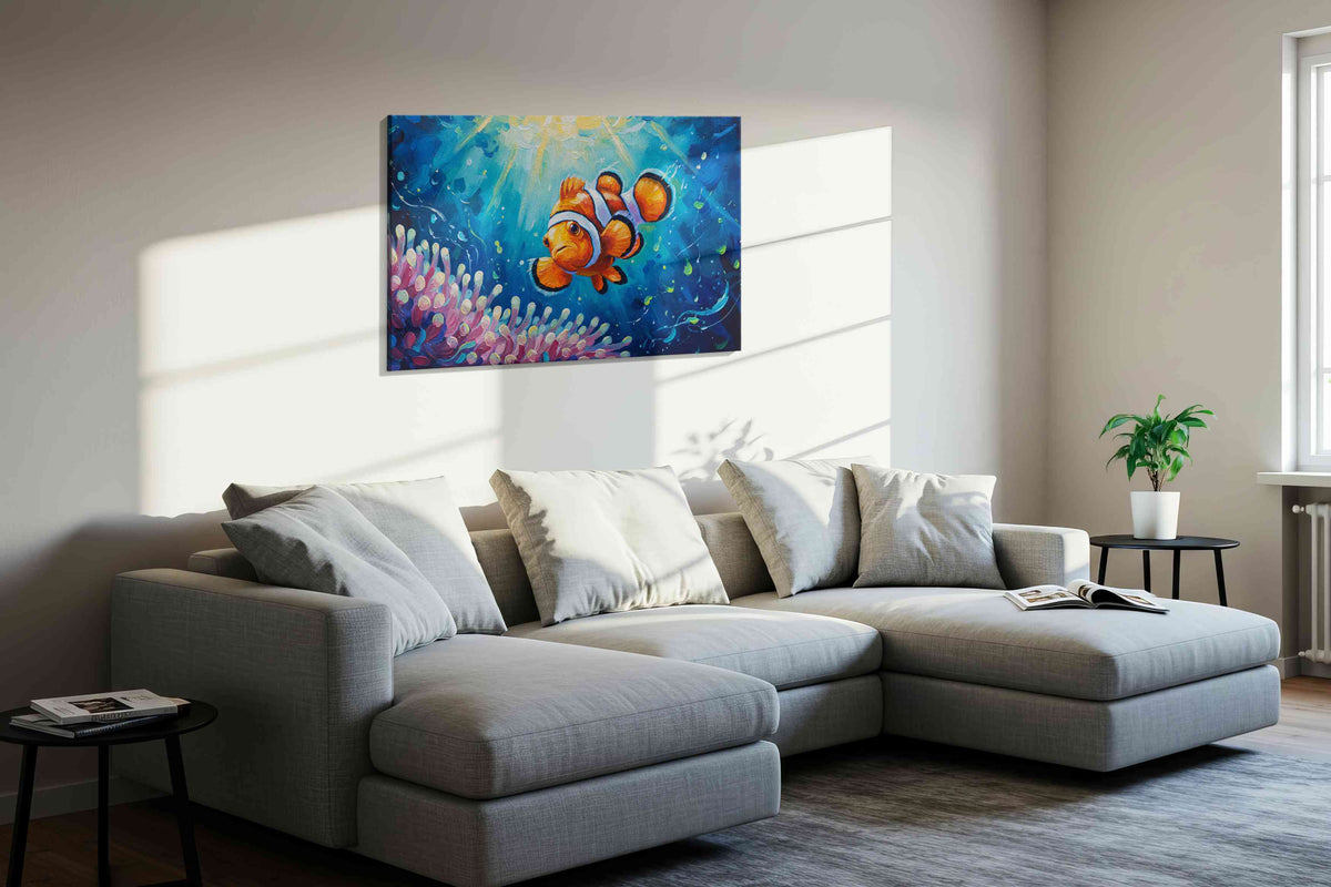 Underwater Whimsy Clownfish Journey – sealife canvas wall art, gallery-wrapped, ready to hang