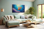 Underwater Whimsy Clownfish Journey sealife canvas print, hanging on wall