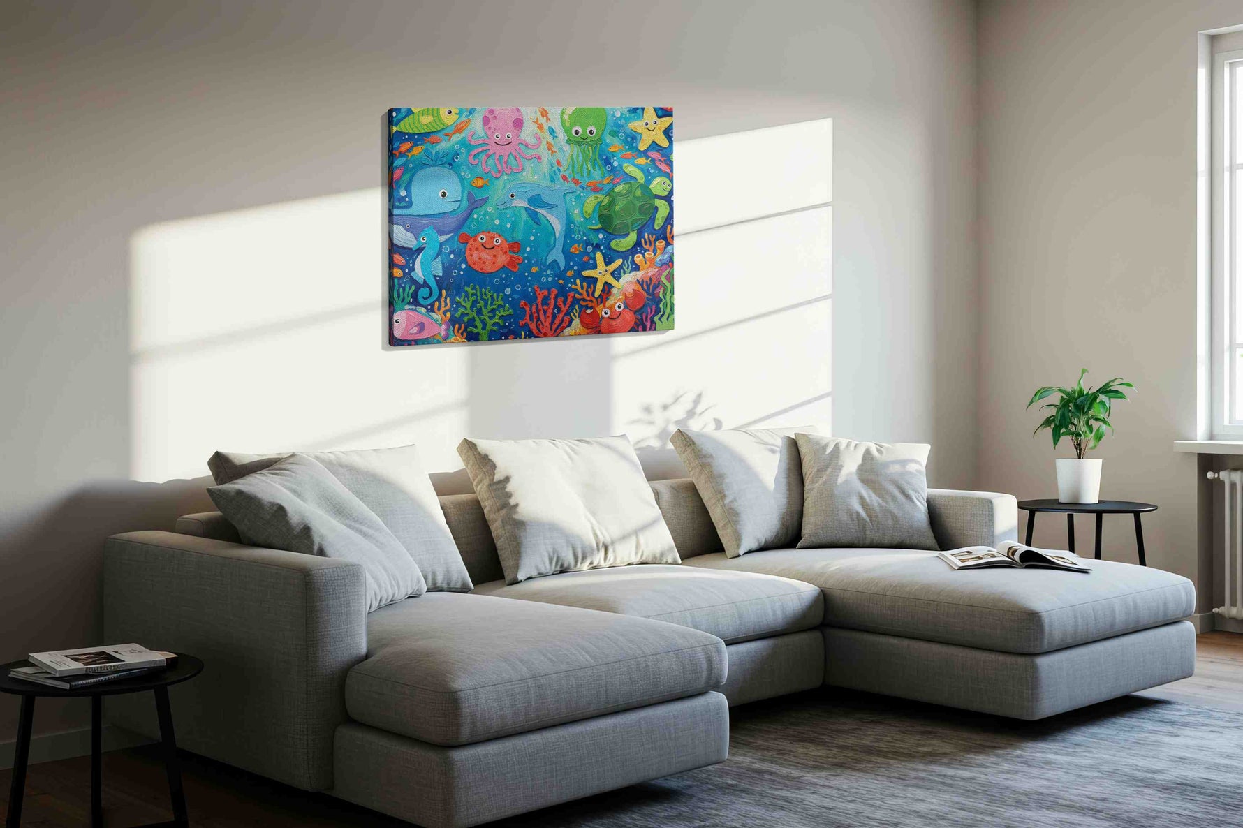Underwater Whimsy Delight sealife canvas print, displayed in a living room