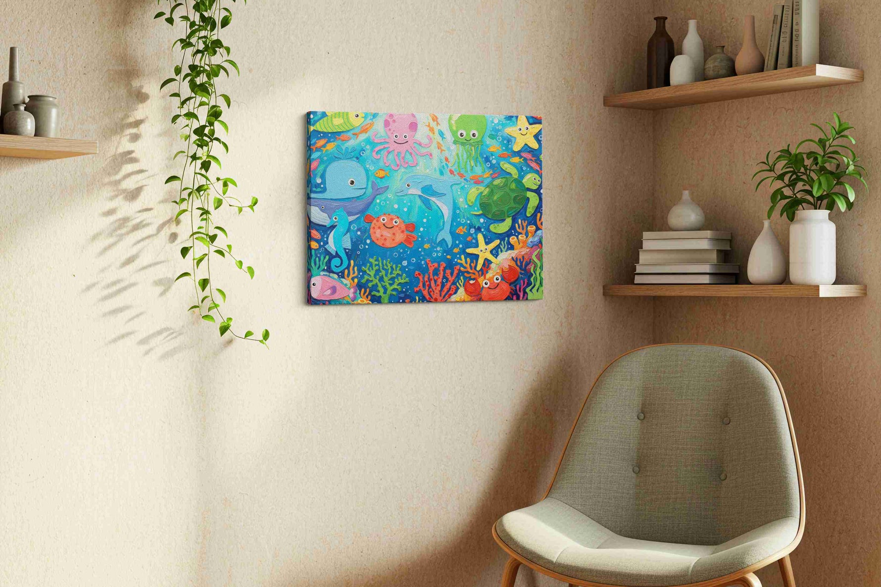 Underwater Whimsy Delight sealife canvas print styled in a living room
