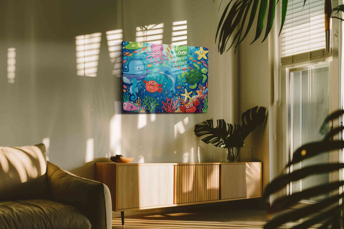 Underwater Whimsy Delight sealife canvas print in a hung canvas mockup