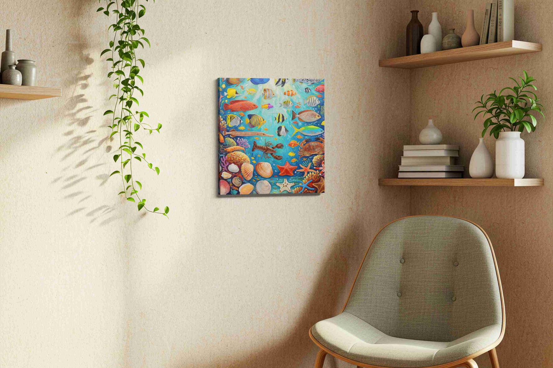 Vibrant Coral Symphony sealife canvas print styled in a living room