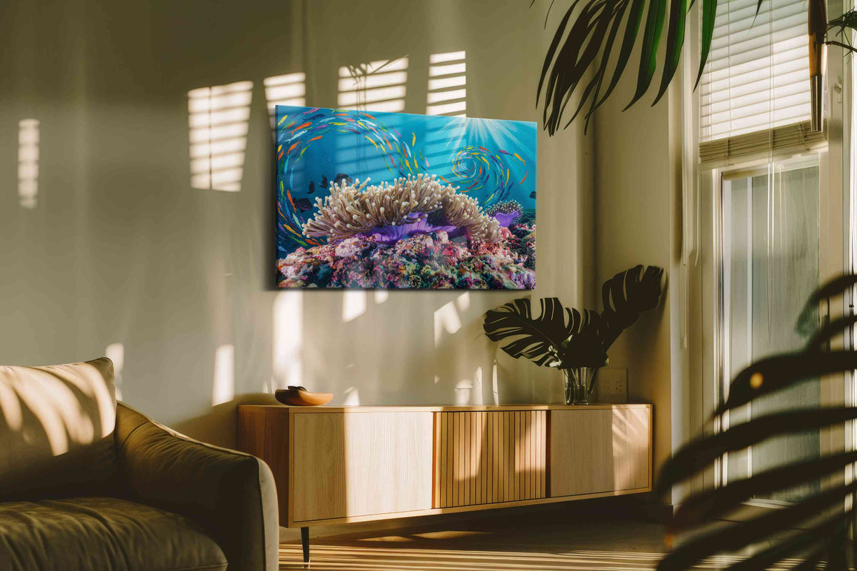 Vibrant Dance of the Coral Sea sealife canvas print, hanging on wall