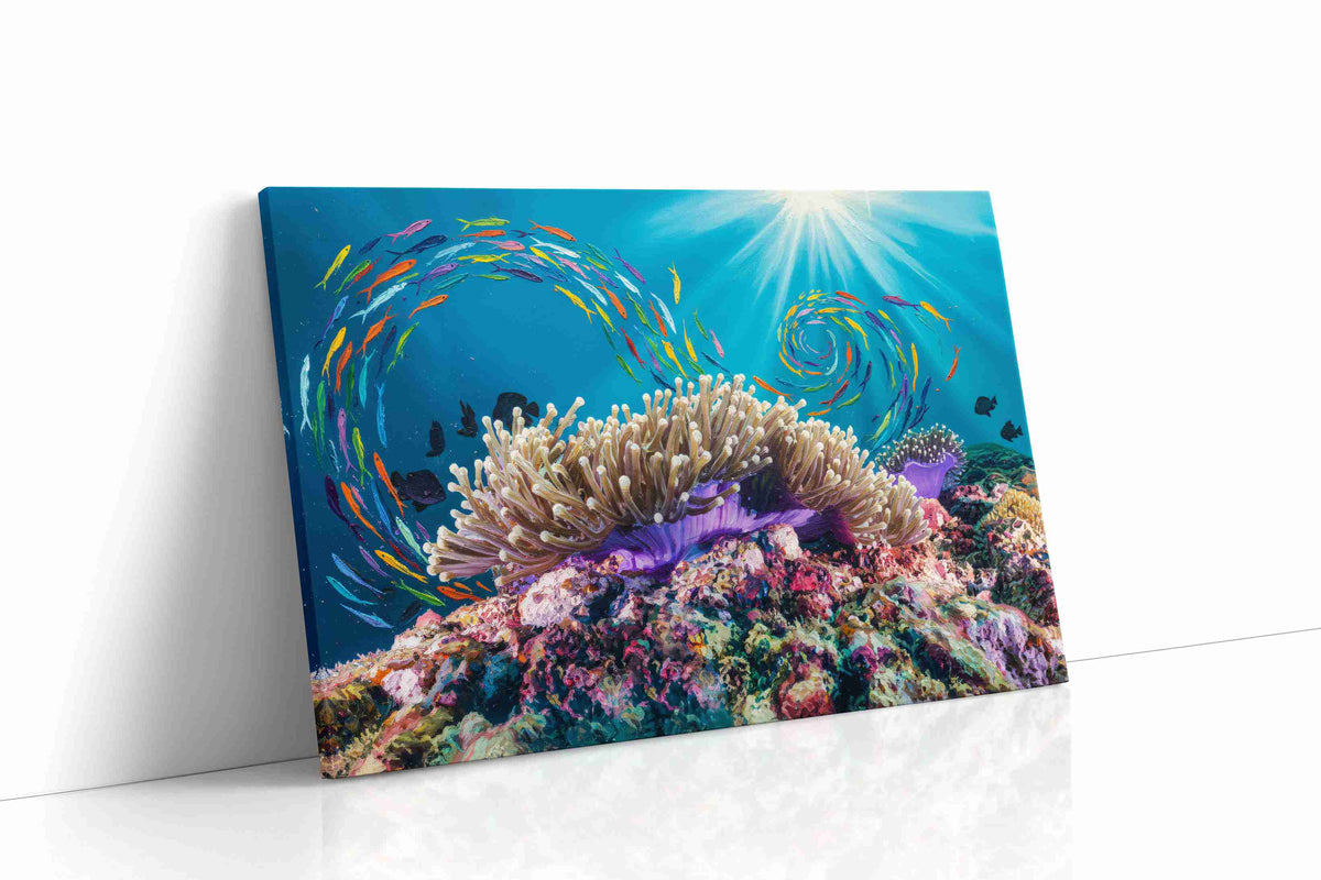 Vibrant Dance of the Coral Sea sealife canvas print, gallery-wrapped, ready to hang
