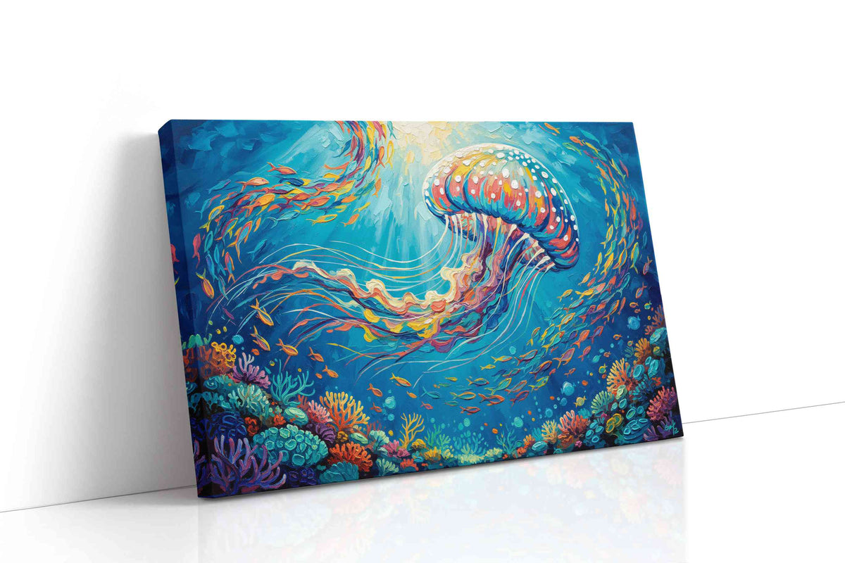 Vibrant Dance of the Jellyfish sealife canvas print, gallery-wrapped, ready to hang