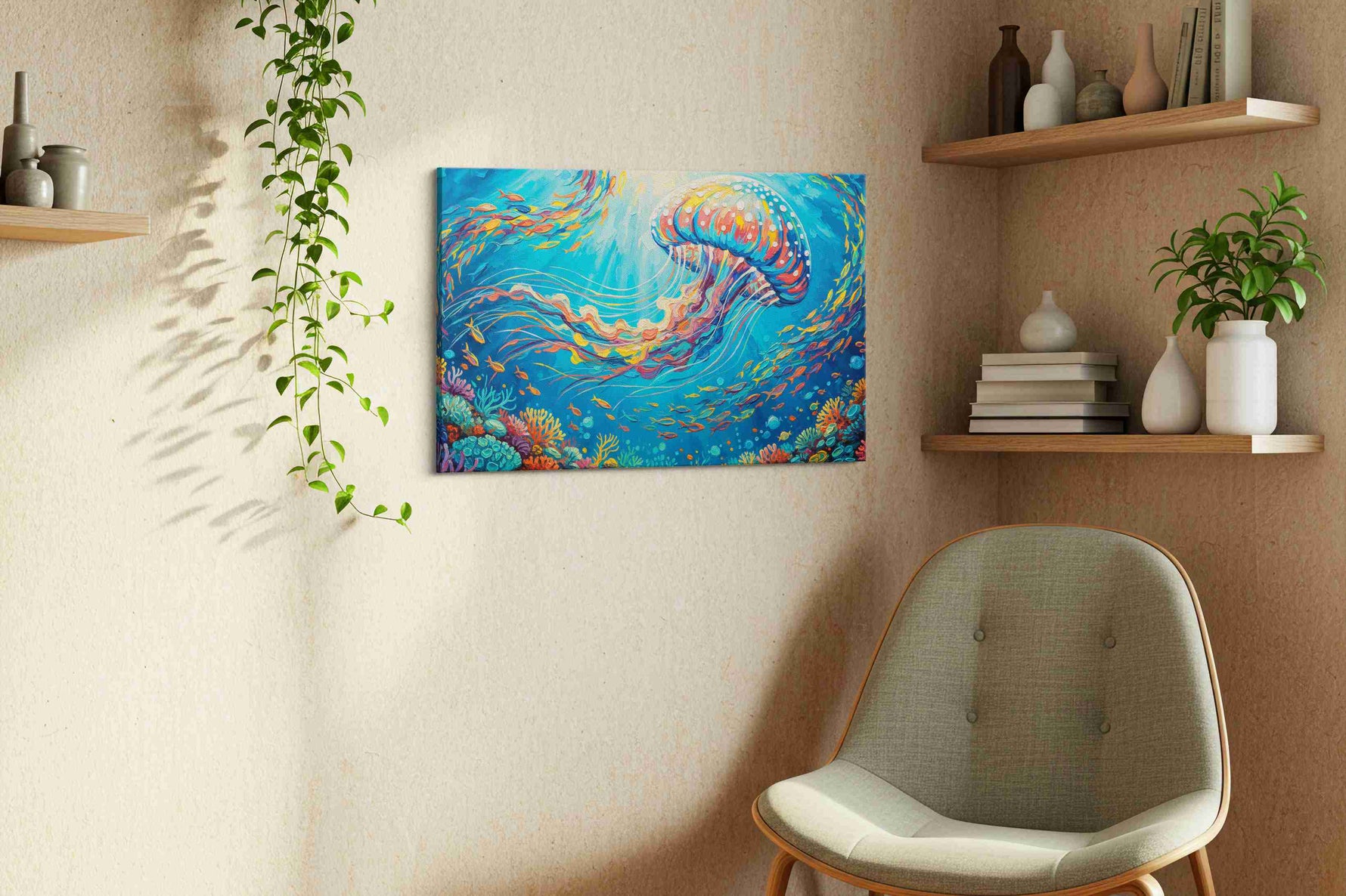 Vibrant Dance of the Jellyfish sealife canvas print, hanging on wall — view 2