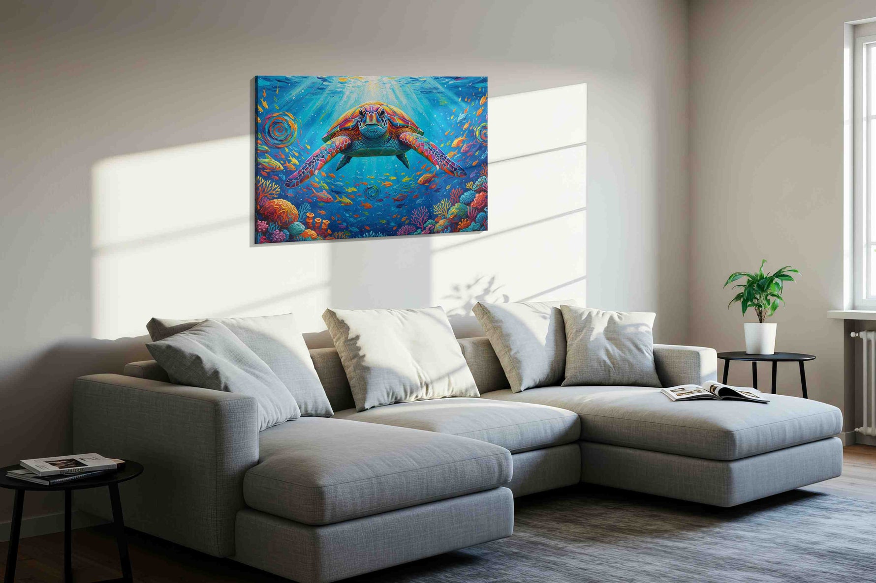 Vibrant Ocean Odyssey sealife canvas print, displayed in a living room