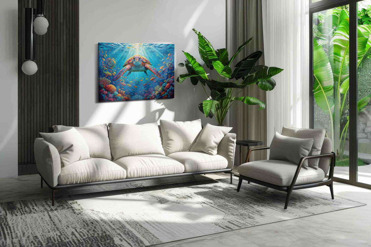 Vibrant Ocean Odyssey sealife canvas print, on wall, lifestyle preview