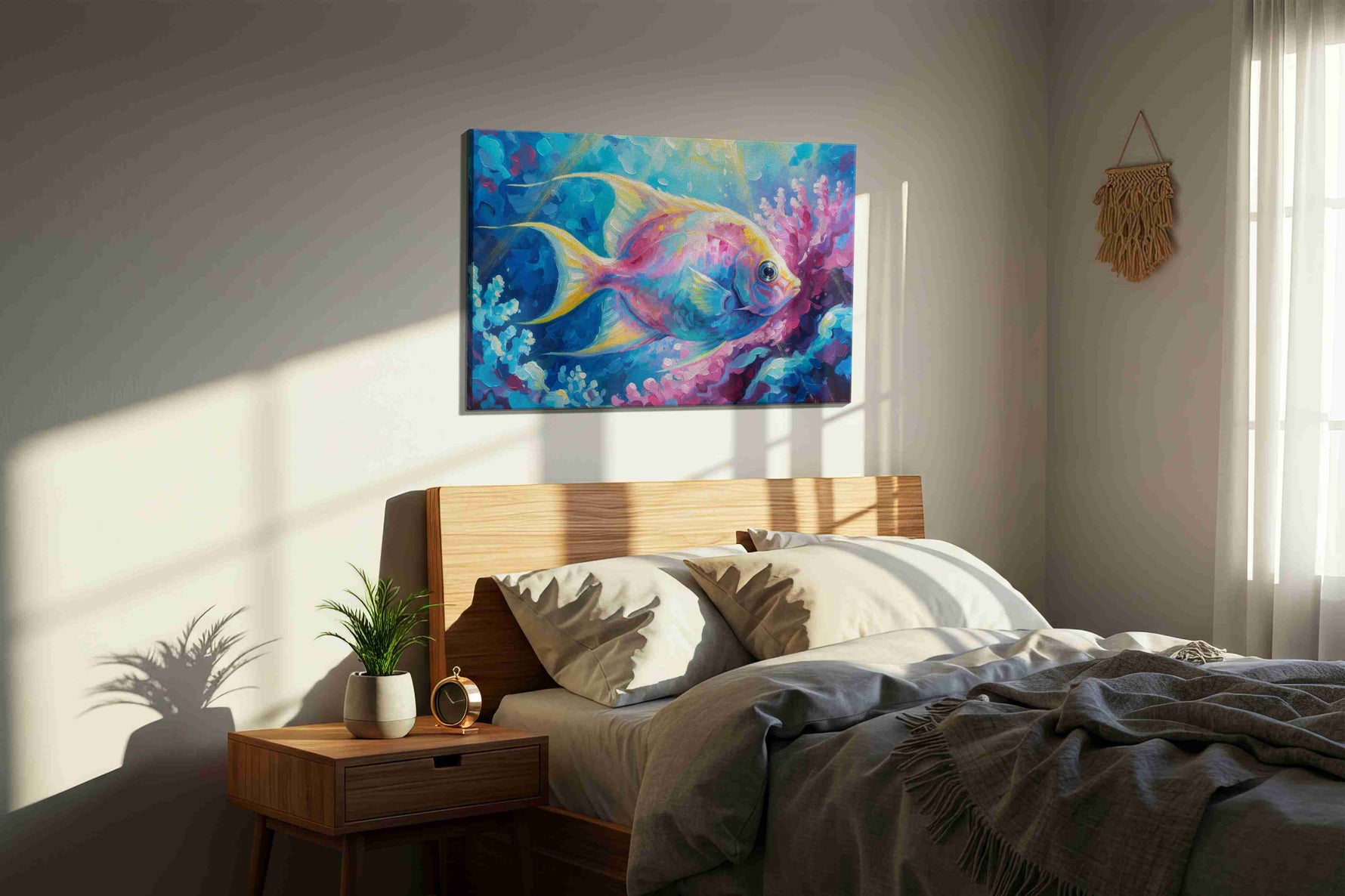 Vibrant Reef Dreamscape sealife canvas print, displayed in a bedroom