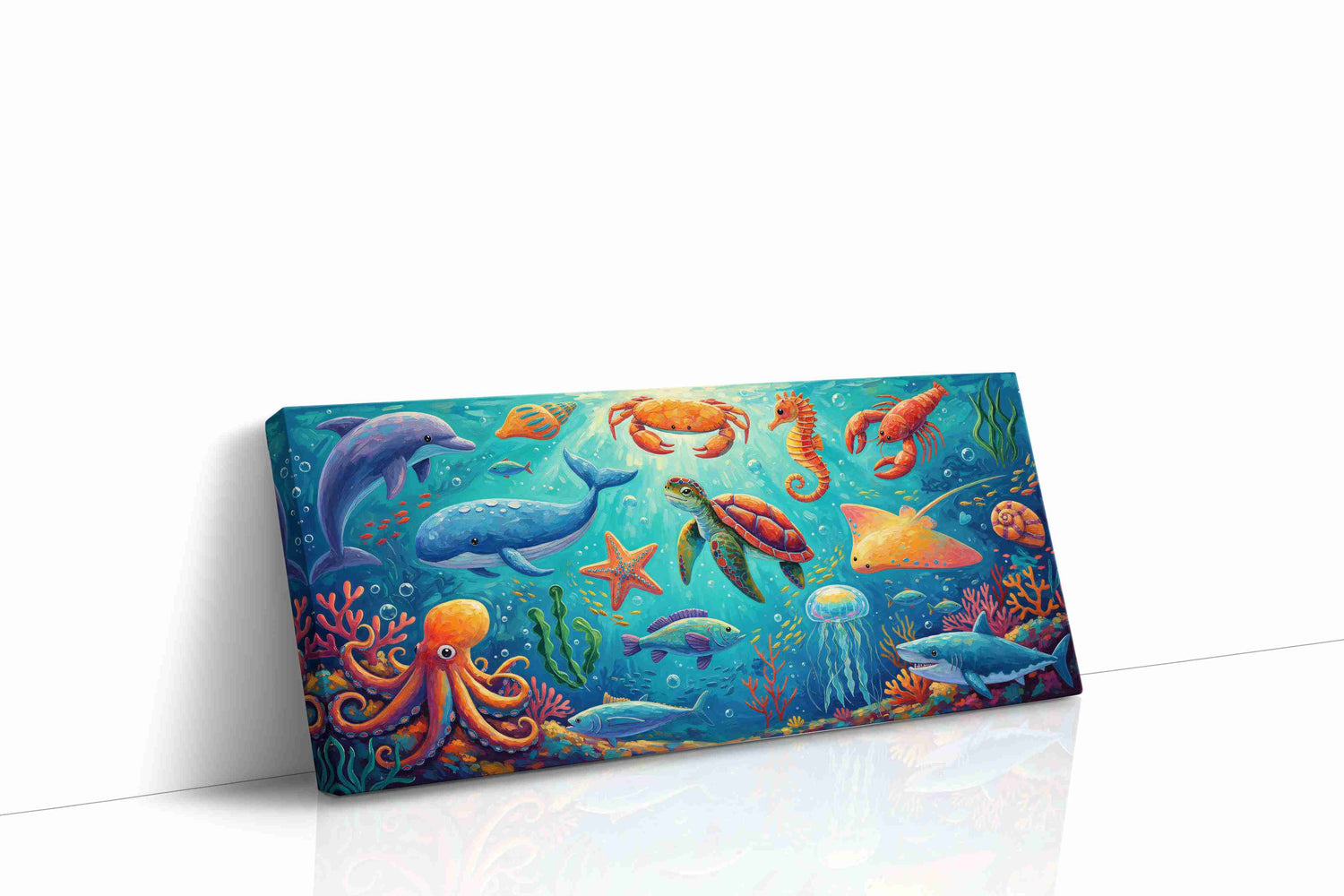 Vibrant Underwater Harmony sealife canvas print, gallery-wrapped, ready to hang