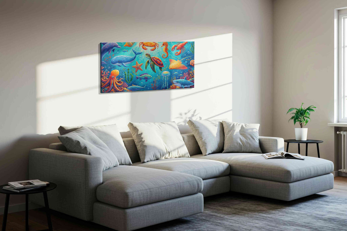 Vibrant Underwater Harmony sealife canvas print, displayed in a living room