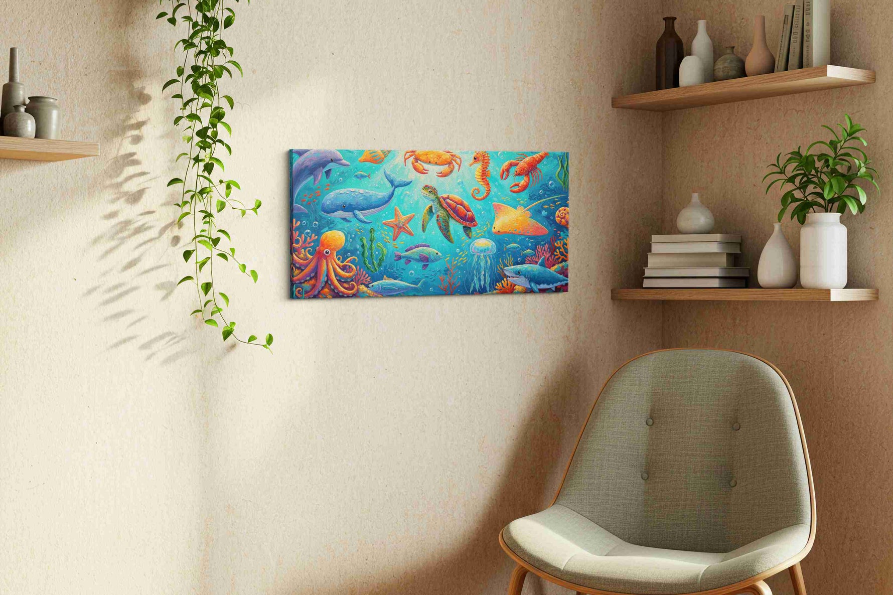 Vibrant Underwater Harmony sealife canvas print styled in a living room