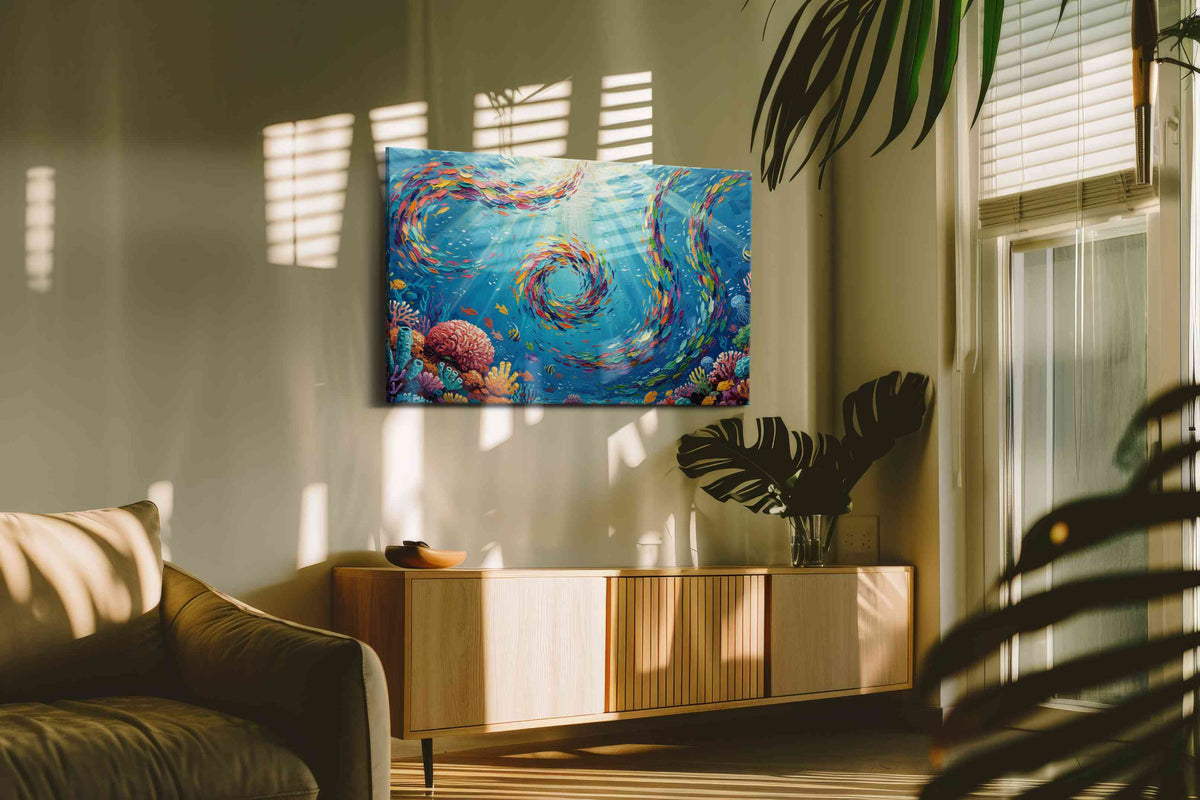 Vibrant Underwater Symphony sealife canvas print in a hung canvas mockup