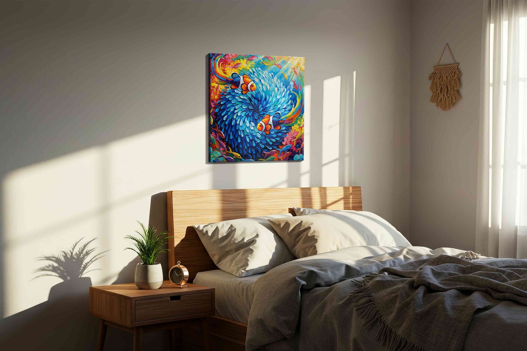 Vibrant Whirl of the Deep sealife canvas print, displayed in a bedroom