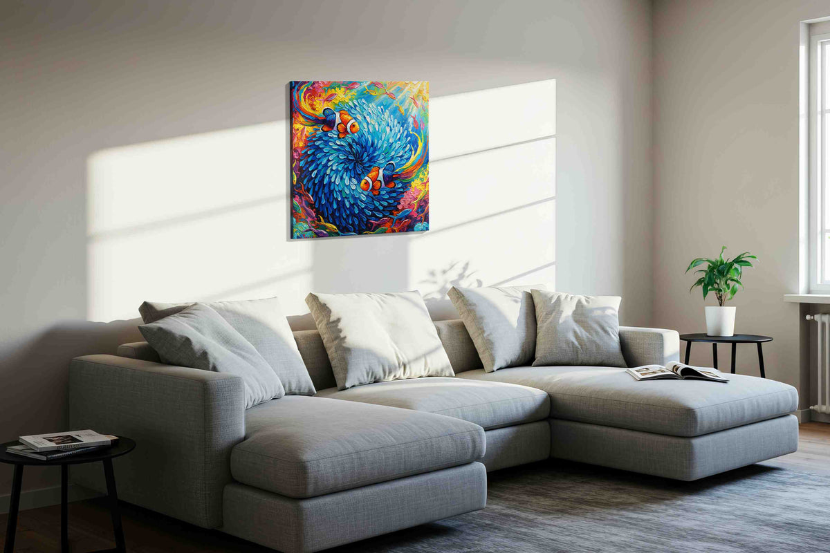 Vibrant Whirl of the Deep sealife canvas print, displayed in a living room