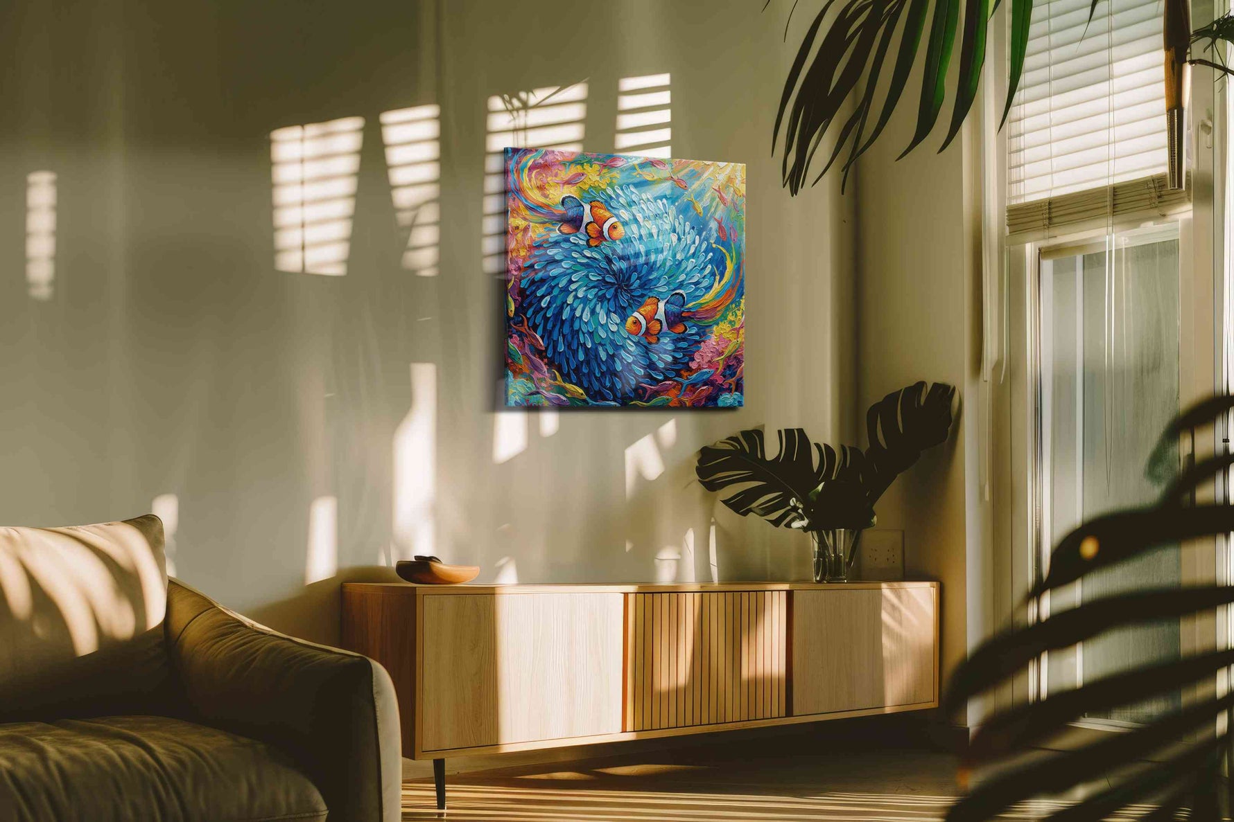 Vibrant Whirl of the Deep sealife canvas print in a hung canvas mockup