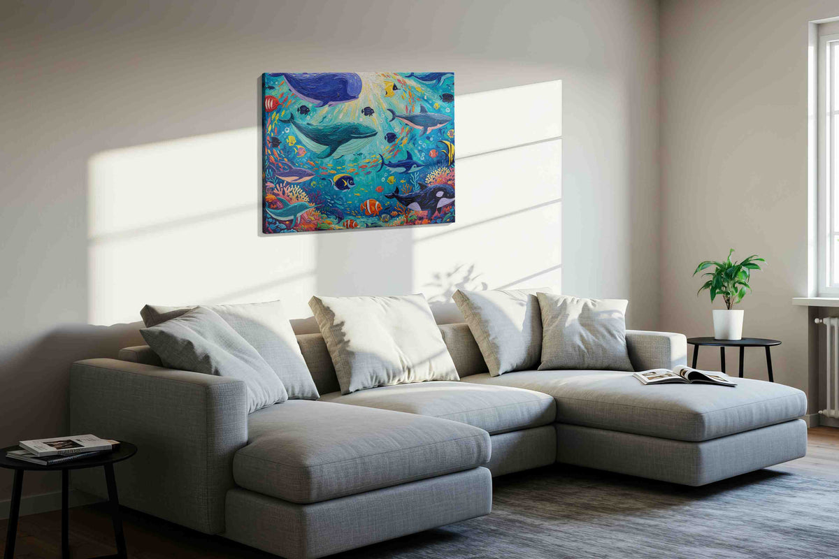 Vivid Symphony of the Sea sealife canvas print in a living room scene
