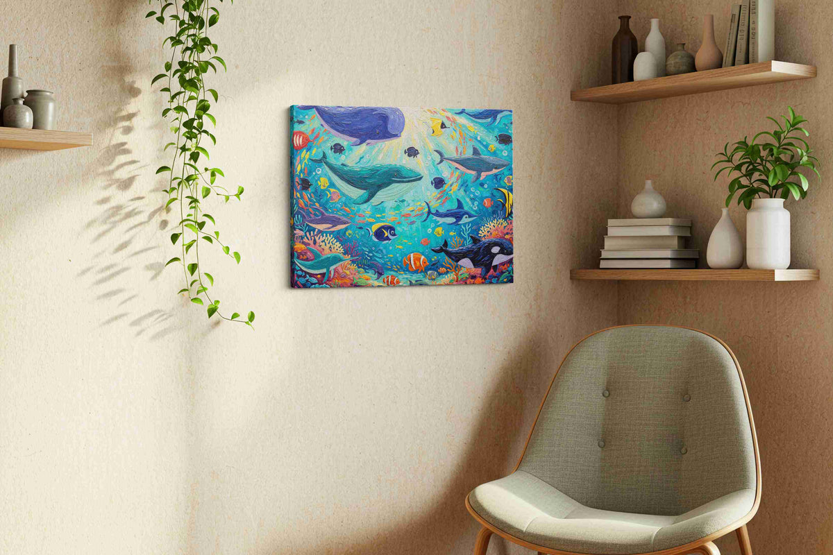 Vivid Symphony of the Sea sealife canvas print, displayed in a living room
