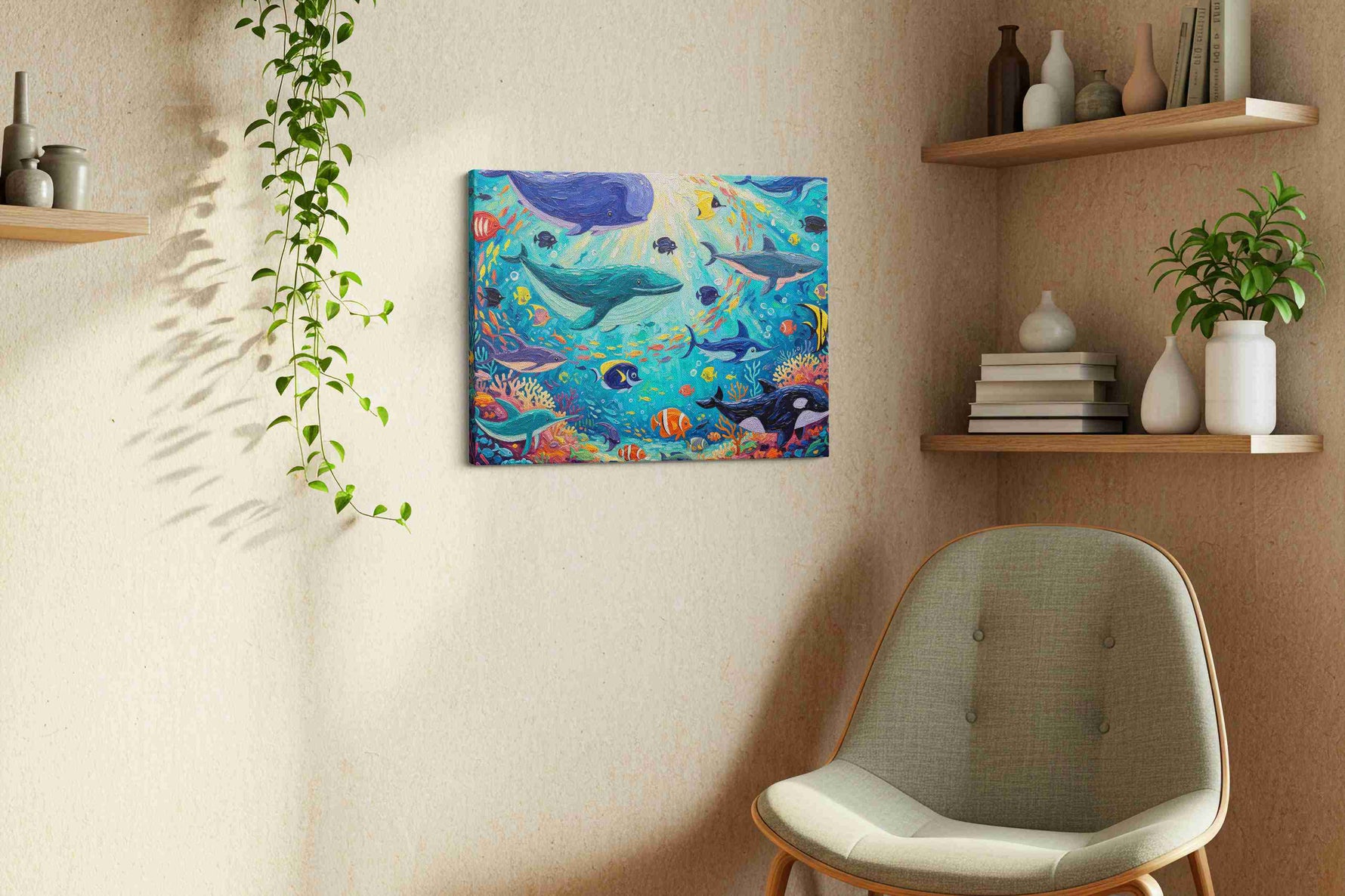 Vivid Symphony of the Sea sealife canvas print, displayed in a living room