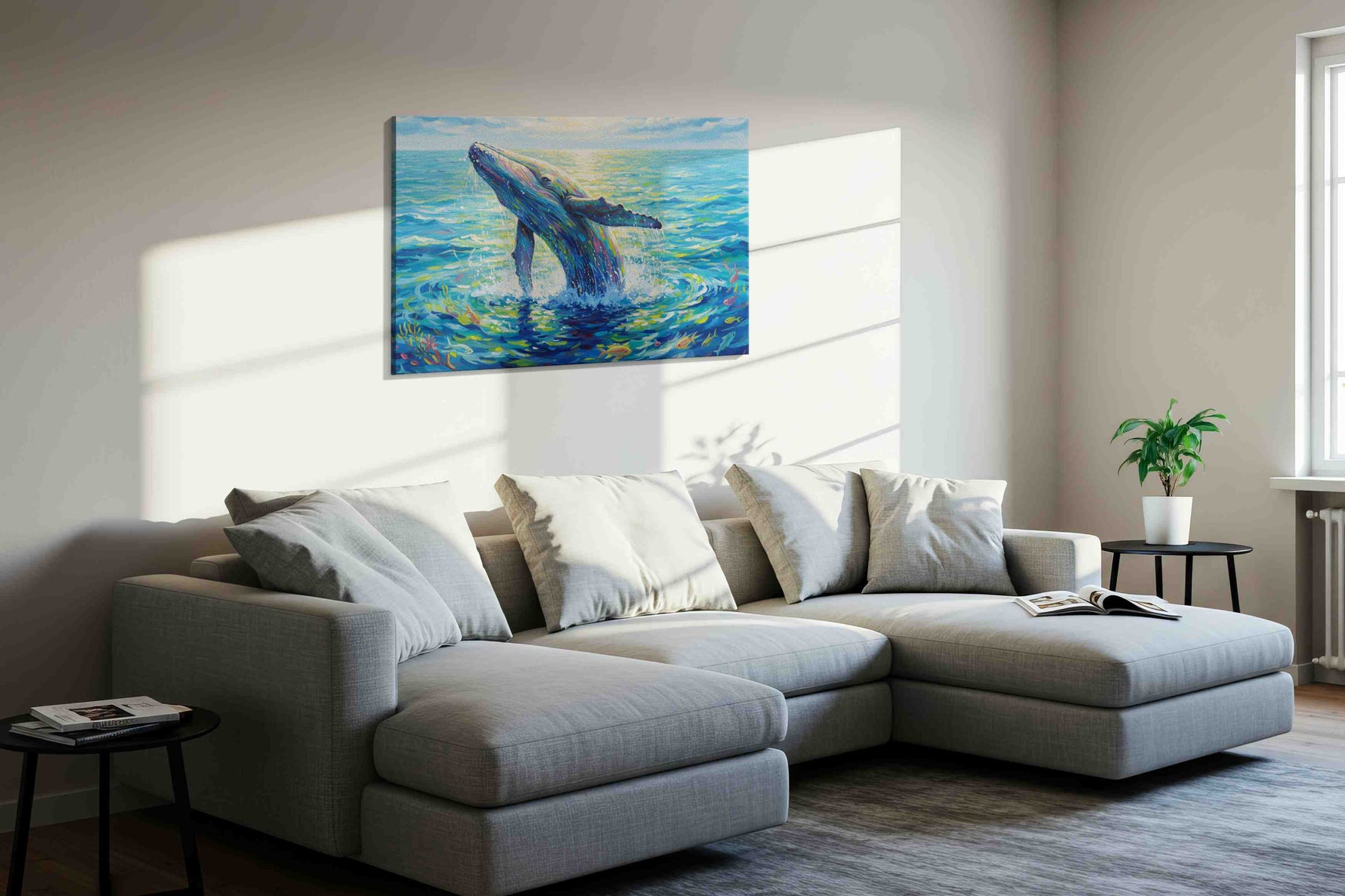 Whale Symphony at Dawn II sealife canvas print, displayed in a living room