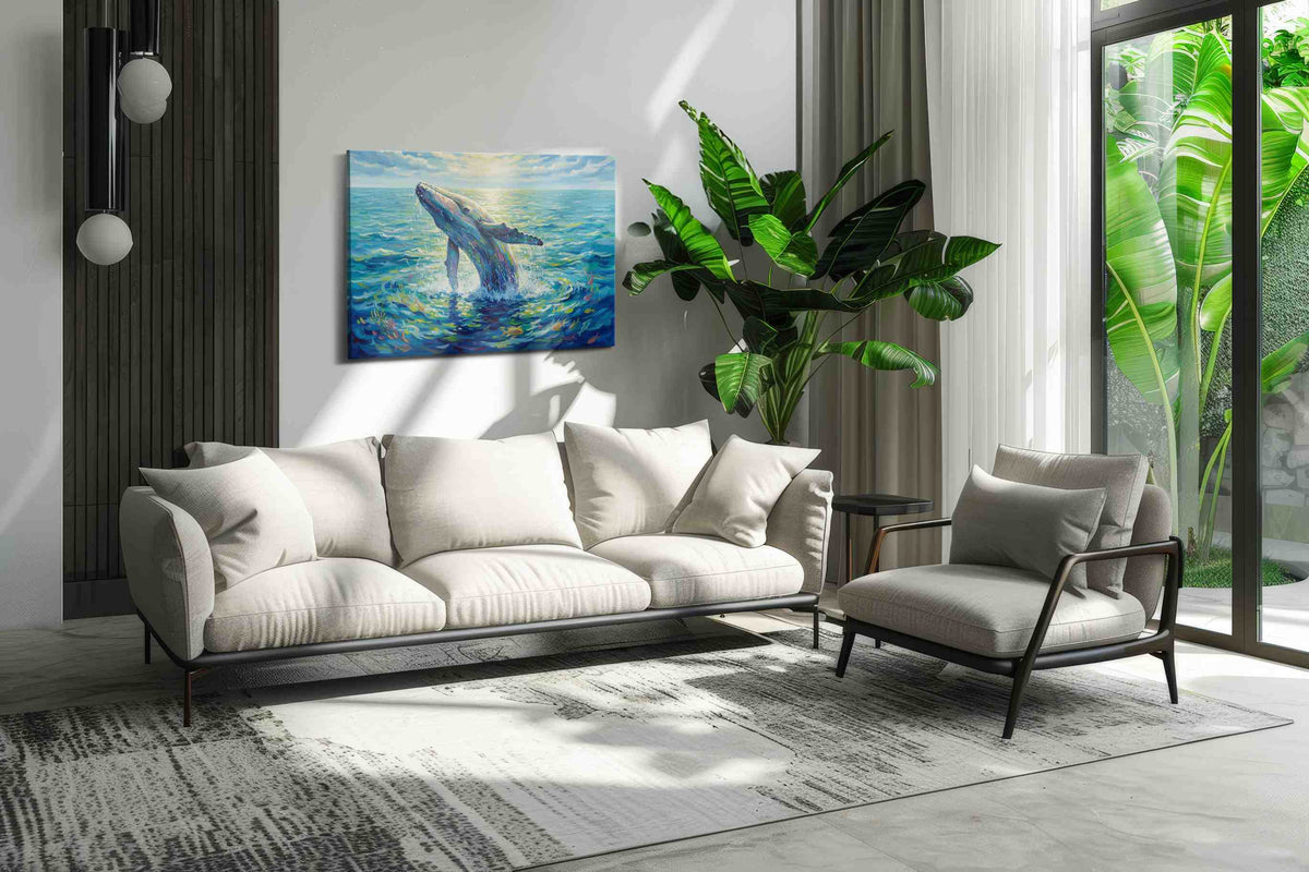 Whale Symphony at Dawn II sealife canvas print, on wall, lifestyle preview